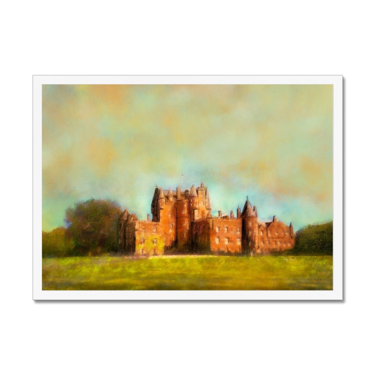 Glamis Castle Painting | Framed Prints From Scotland-Framed Prints-Scottish Castles Art Gallery-A2 Landscape-White Frame-Paintings, Prints, Homeware, Art Gifts From Scotland By Scottish Artist Kevin Hunter