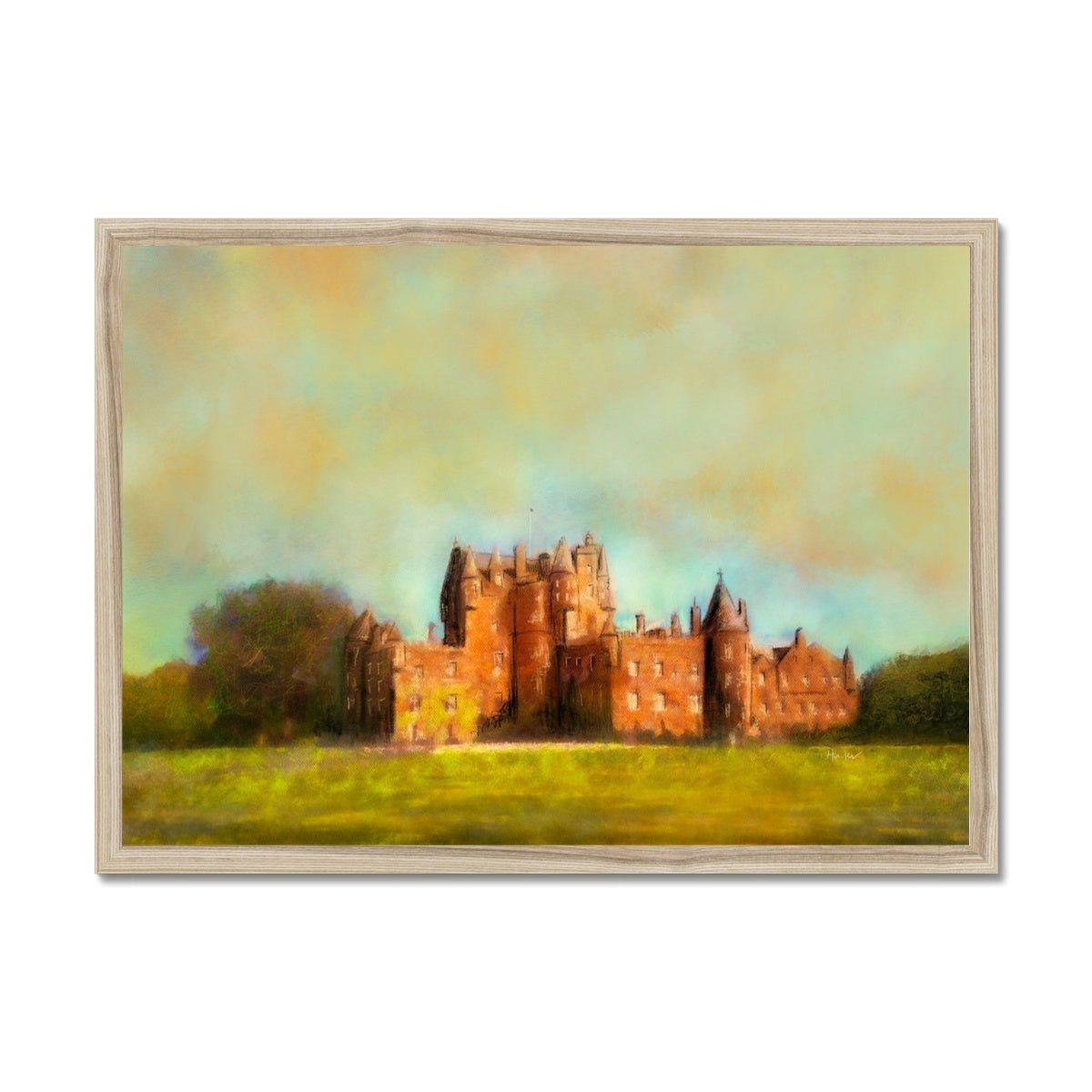 Glamis Castle Painting | Framed Prints From Scotland-Framed Prints-Scottish Castles Art Gallery-A2 Landscape-Natural Frame-Paintings, Prints, Homeware, Art Gifts From Scotland By Scottish Artist Kevin Hunter
