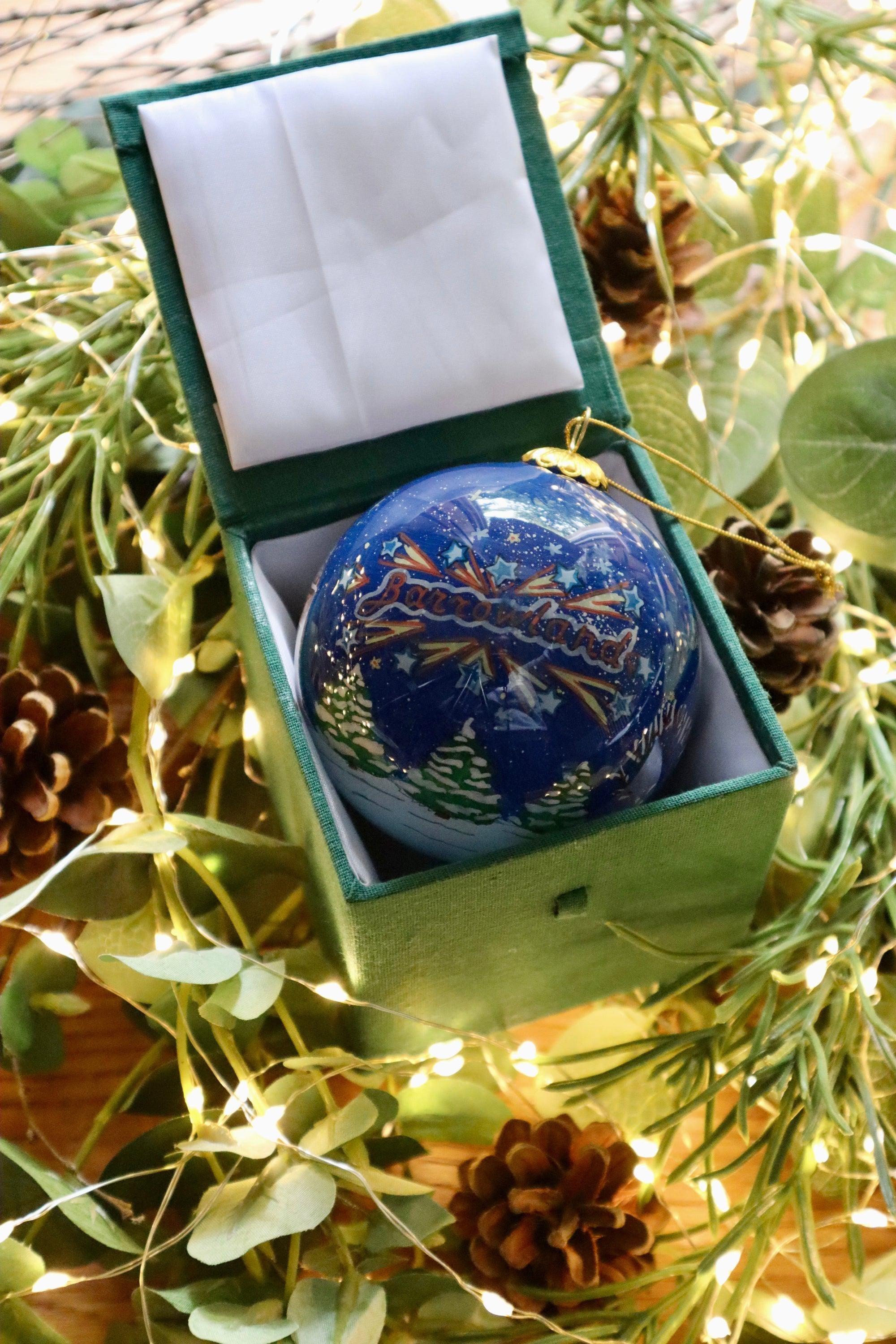 Royal blue Glasgow City bauble with gold snowflake in box