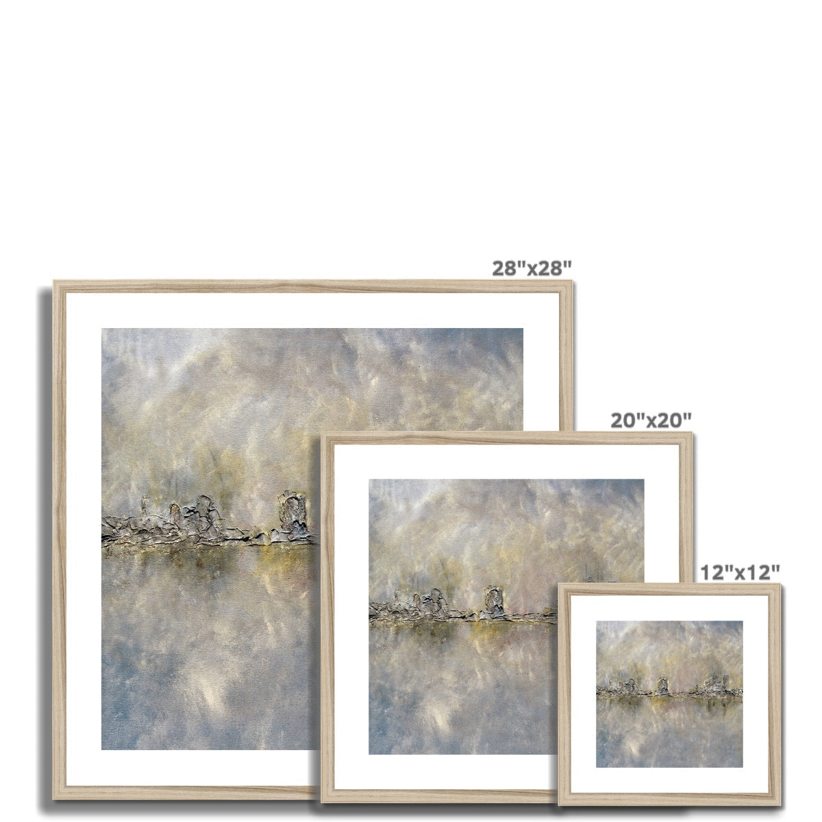 28x28 inch framed Glasgow Docks in Mist abstract art print with textured gray and gold tones