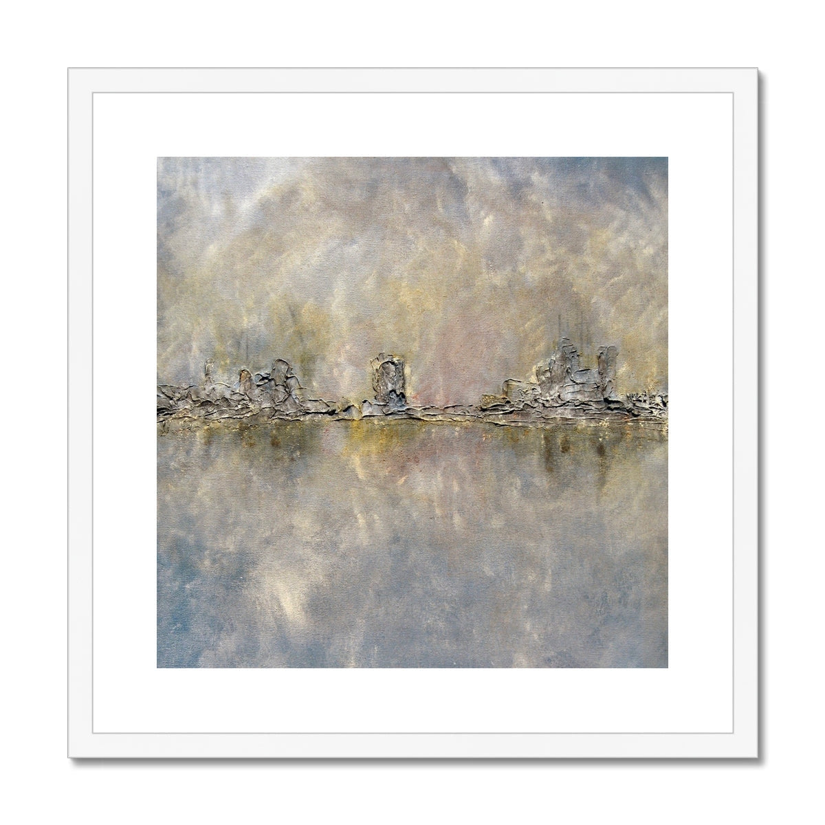 White framed abstract print of Glasgow Docks in mist with earth tones