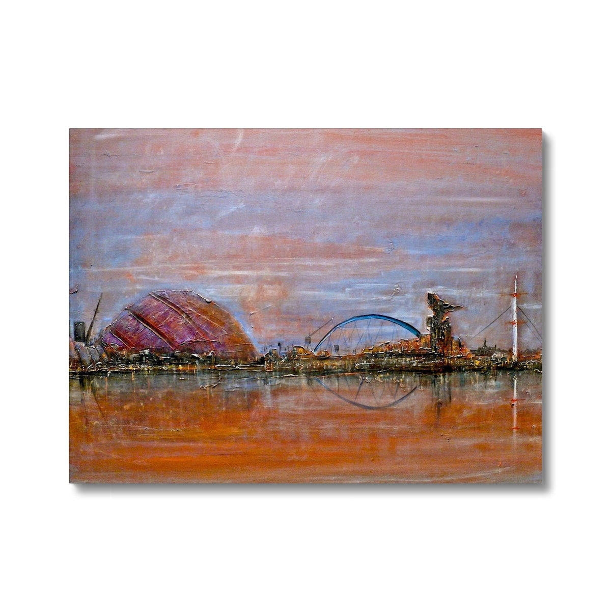 Modern abstract Glasgow Harbour cityscape canvas print in orange and purple hues