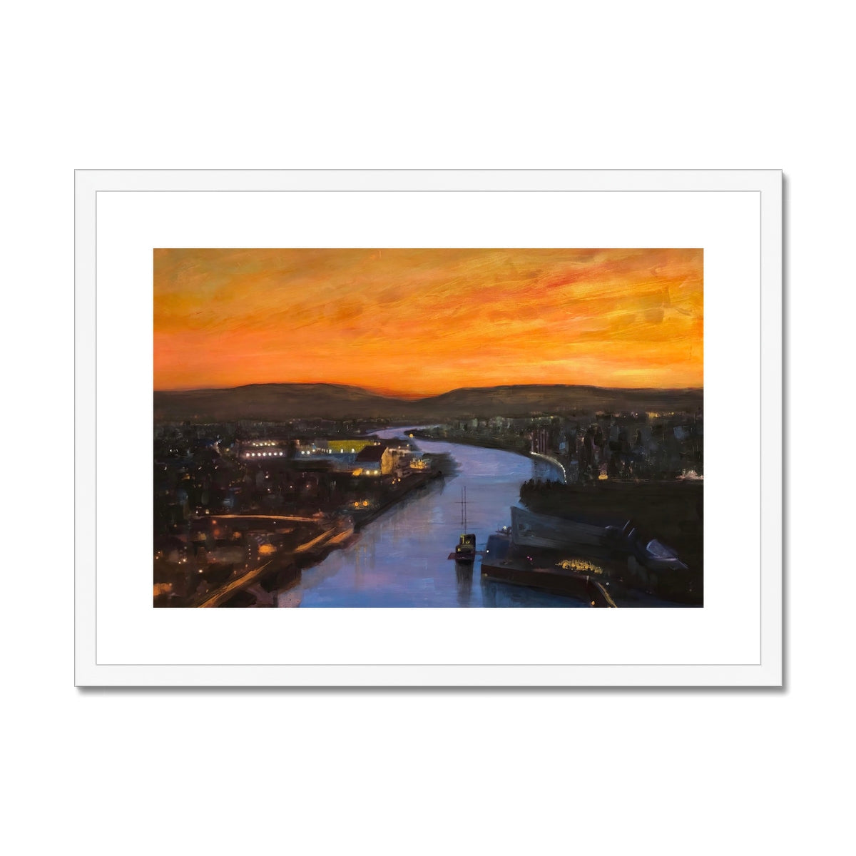 Glasgow Harbour looking west framed art print at sunset