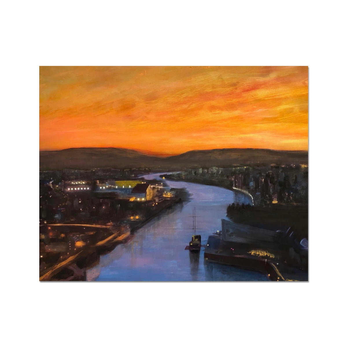 Glasgow Harbour sunset painting with river and cityscape in warm hues