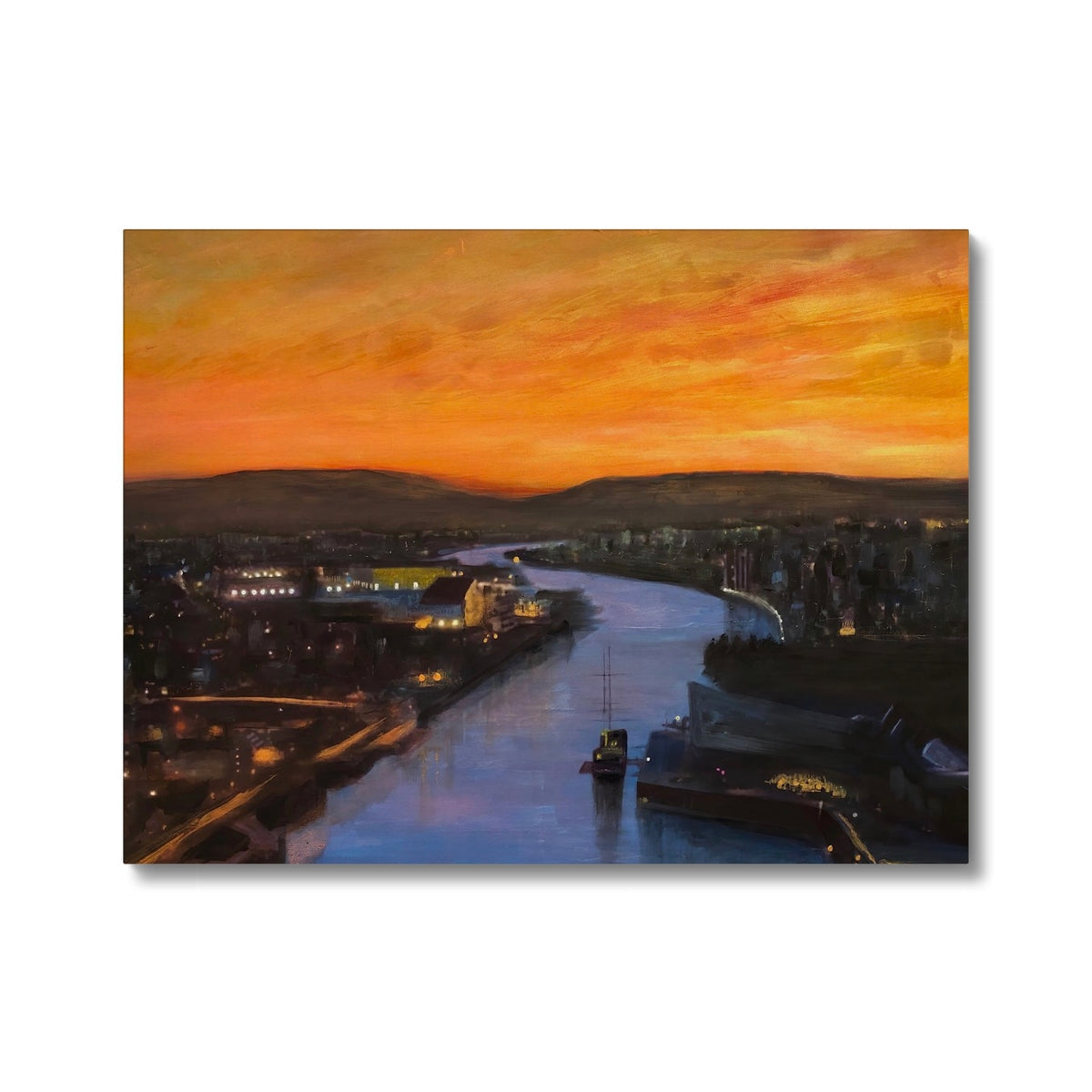 Vibrant orange sunset over Glasgow Harbour river cityscape canvas print