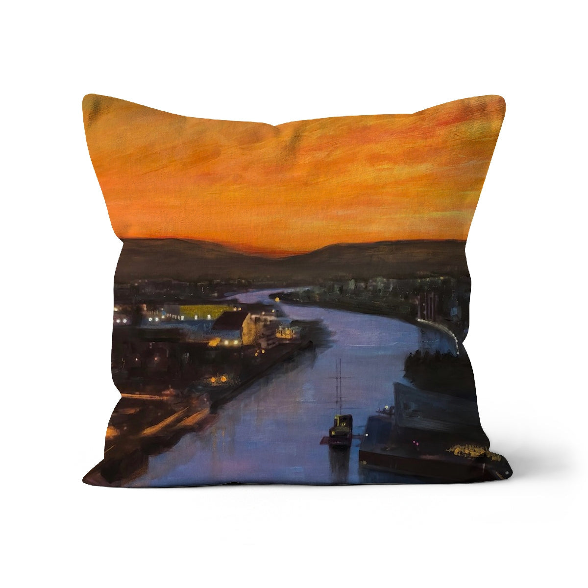 Glasgow Harbour Looking West square throw pillow with painted sunset over river