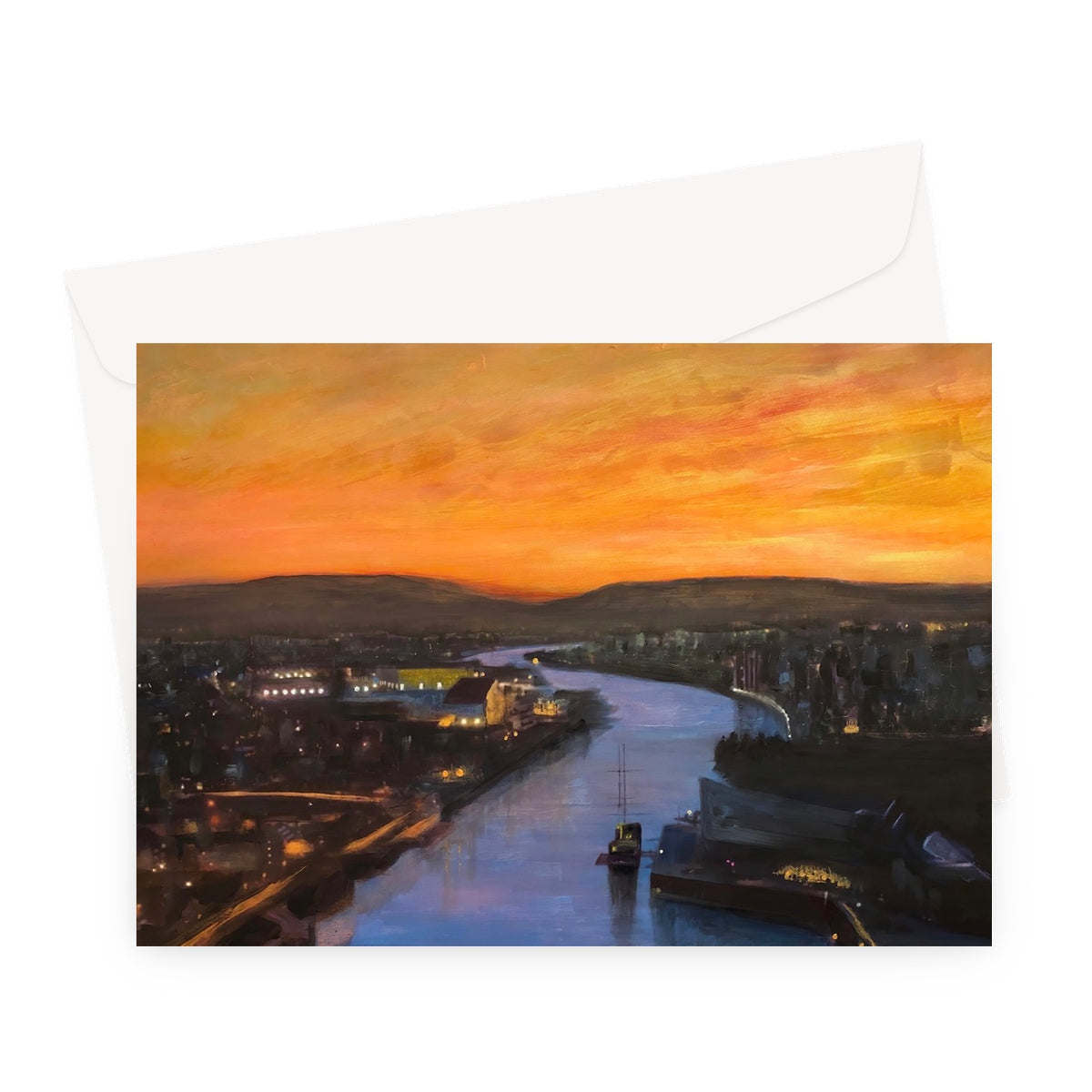 Glasgow Harbour looking west greeting card with painted sunset over river