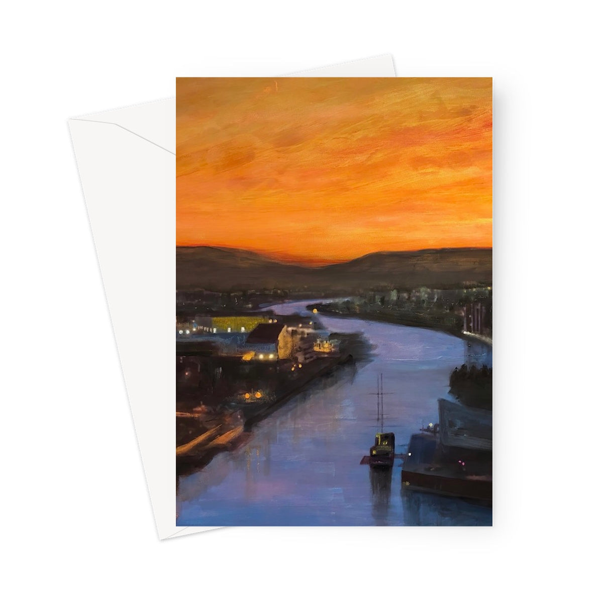 Glasgow Harbour sunset greeting card with river reflection