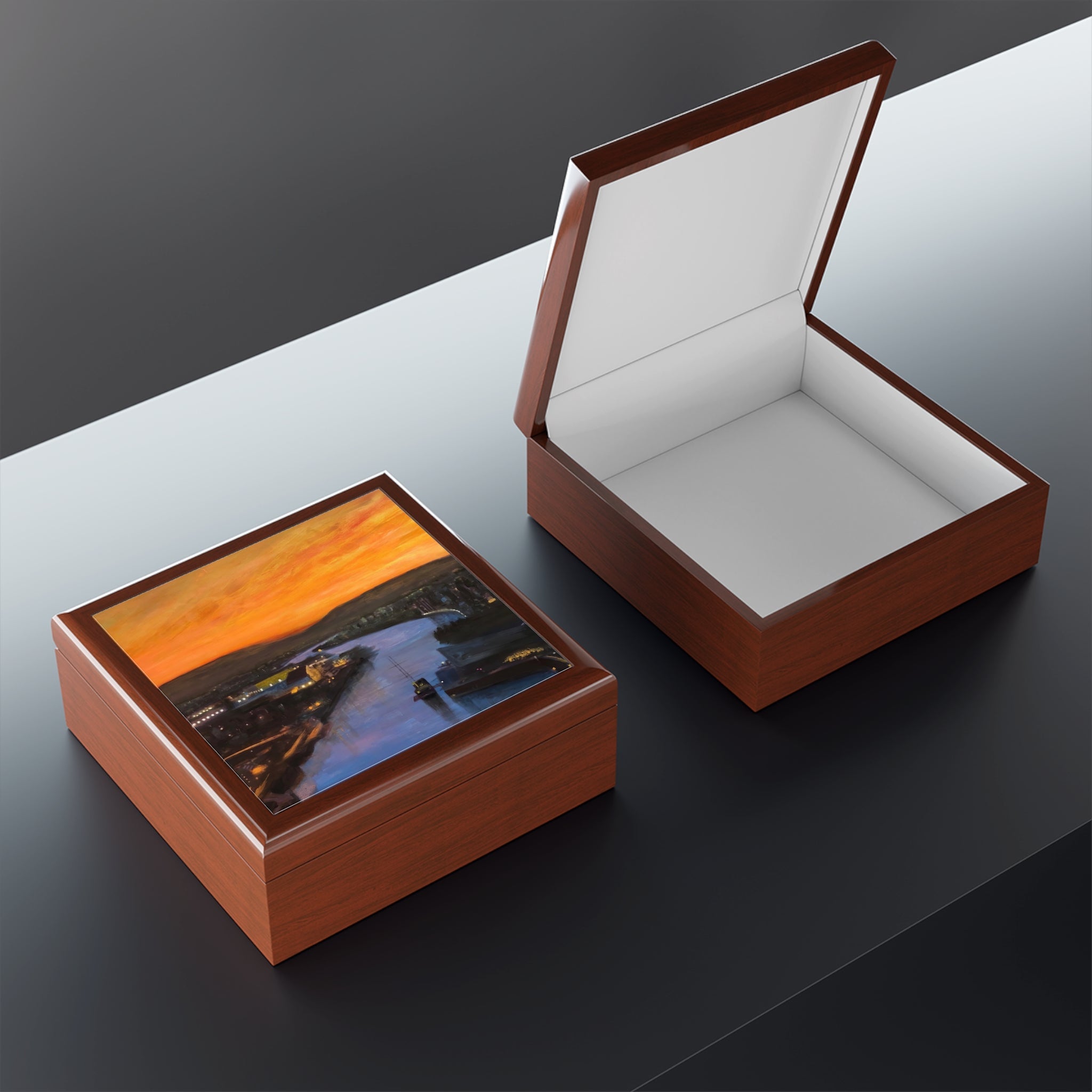 Glasgow Harbour sunset jewellery box with glossy wooden finish
