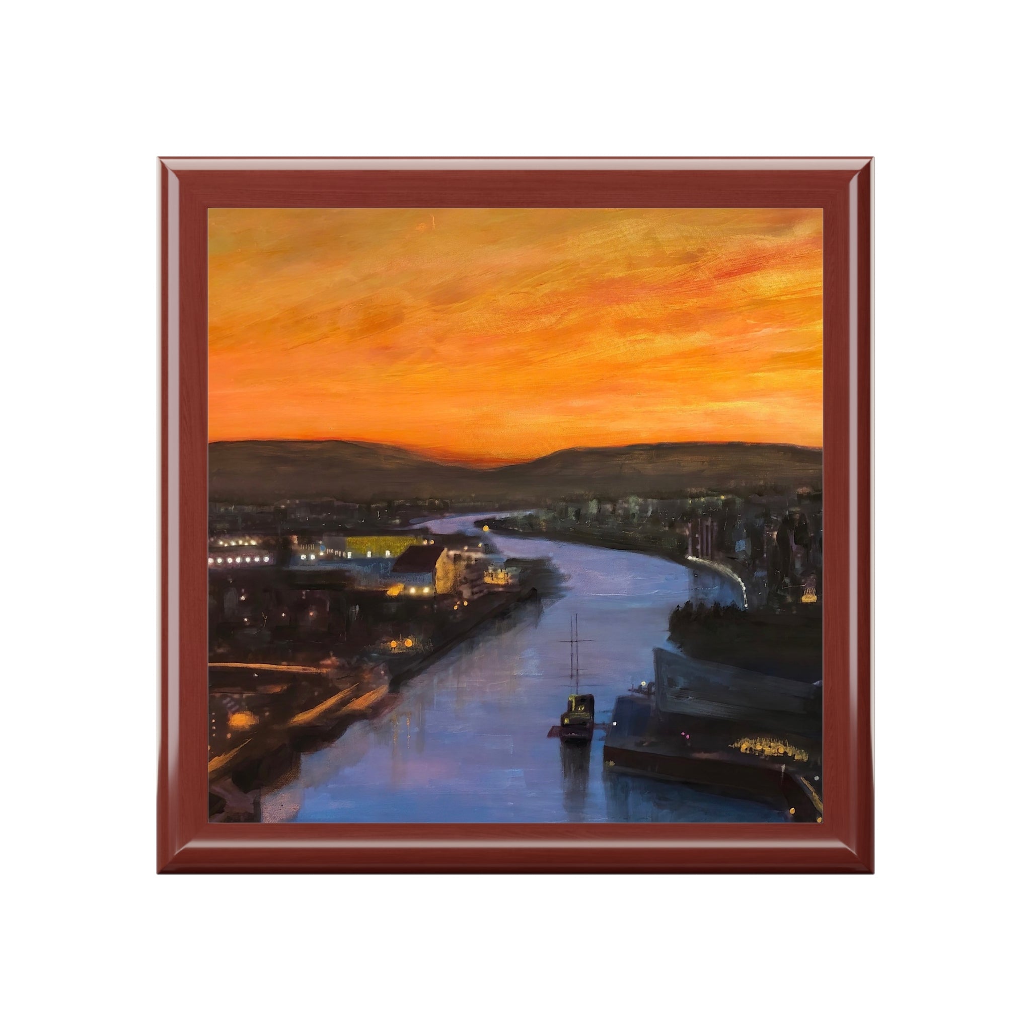 Glasgow Harbour sunset painting in square frame on jewellery box