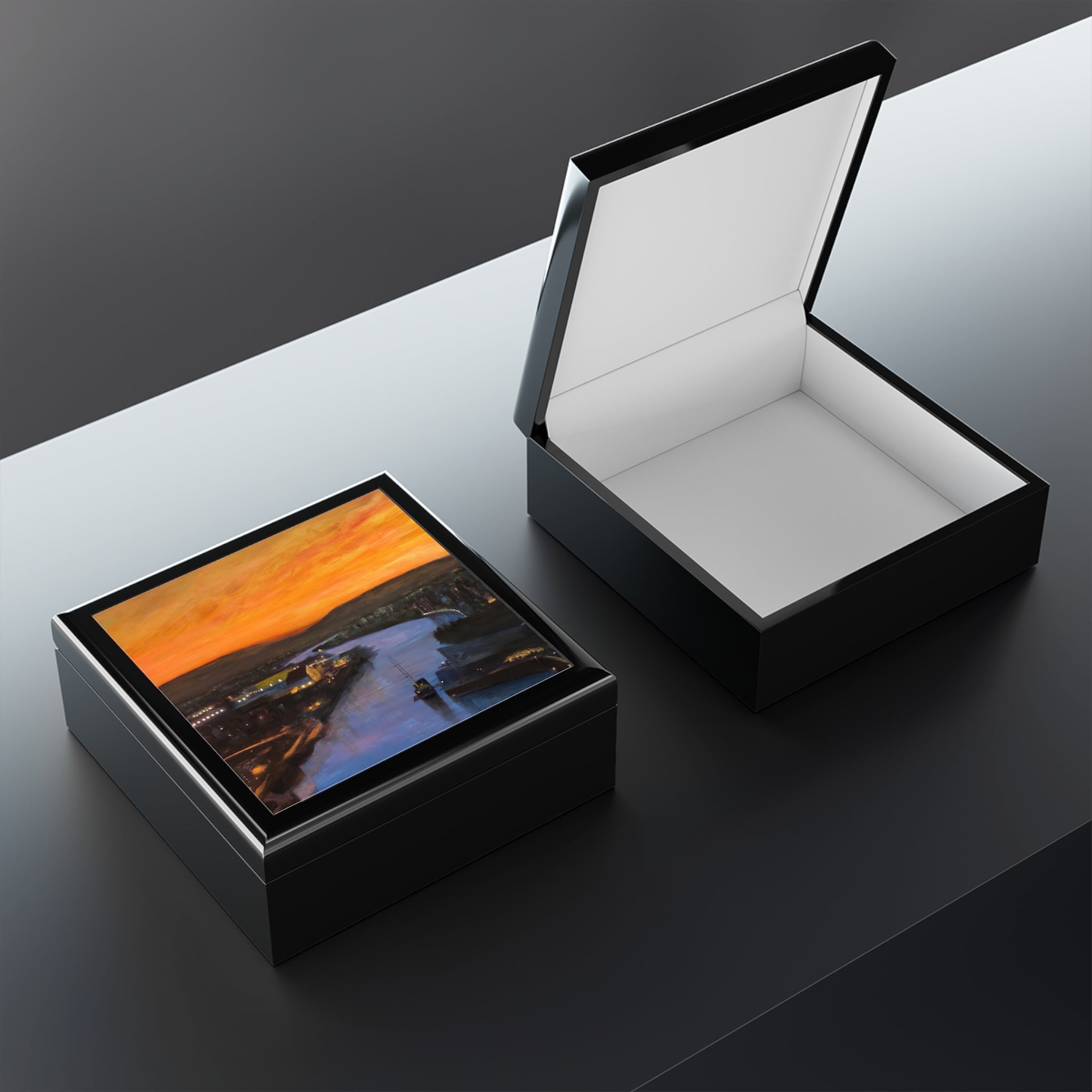 Glasgow Harbour sunset jewellery box with glossy black finish