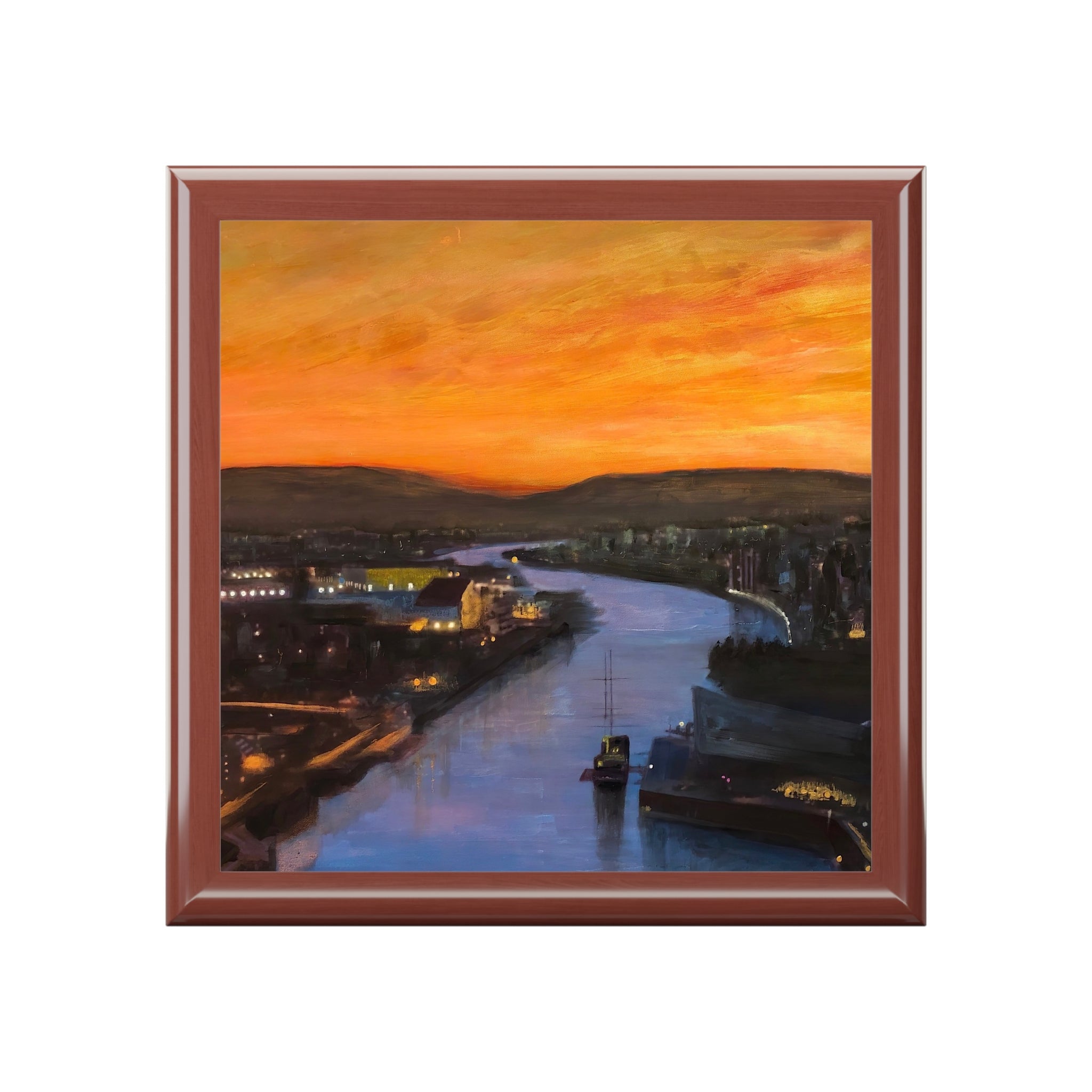 Glasgow Harbour sunset painting in square frame on jewellery box