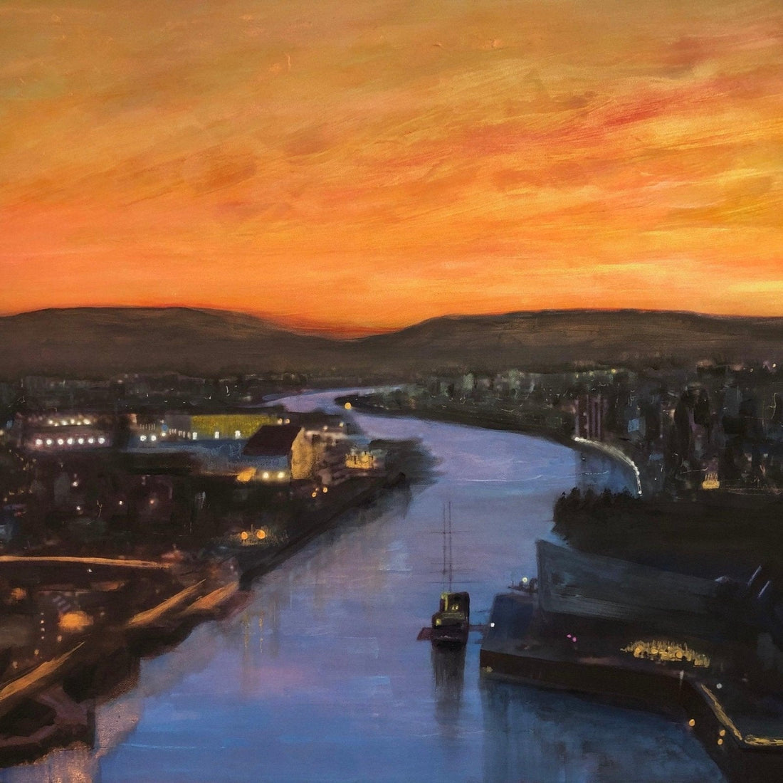 Glasgow Harbour Looking West Moonlight Wooden Art Block