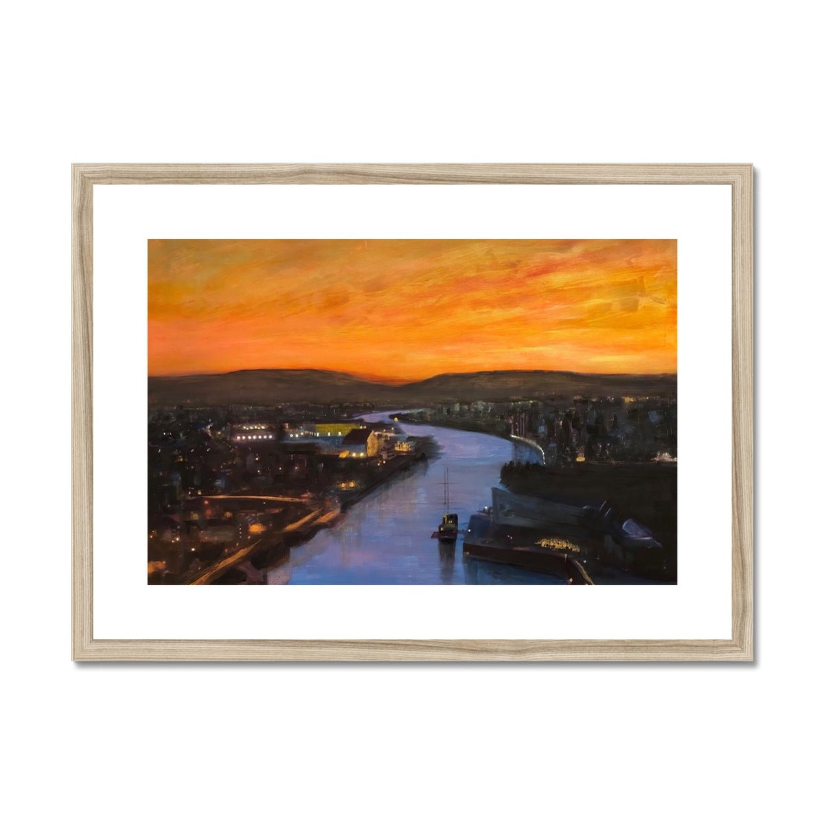 Glasgow Harbour Looking West Painting | Framed & Mounted Prints From Scotland-Framed & Mounted Prints-Edinburgh & Glasgow Art Gallery-A2 Landscape-Natural Frame-Paintings, Prints, Homeware, Art Gifts From Scotland By Scottish Artist Kevin Hunter