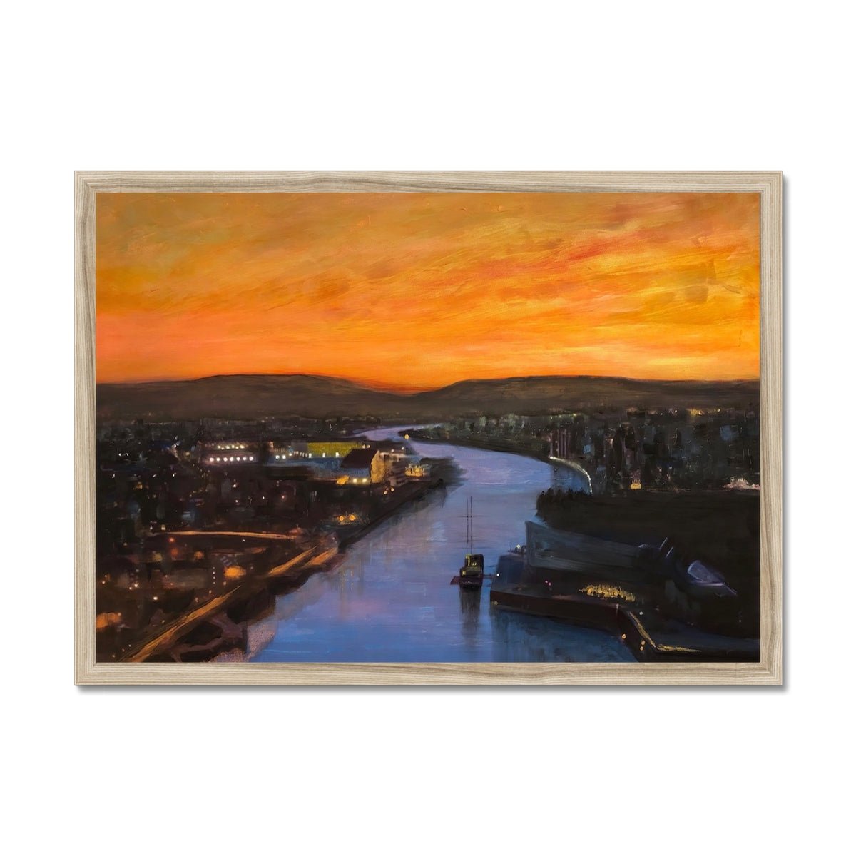 Glasgow Harbour Looking West Painting | Framed Prints From Scotland-Framed Prints-Edinburgh & Glasgow Art Gallery-A2 Landscape-Natural Frame-Paintings, Prints, Homeware, Art Gifts From Scotland By Scottish Artist Kevin Hunter