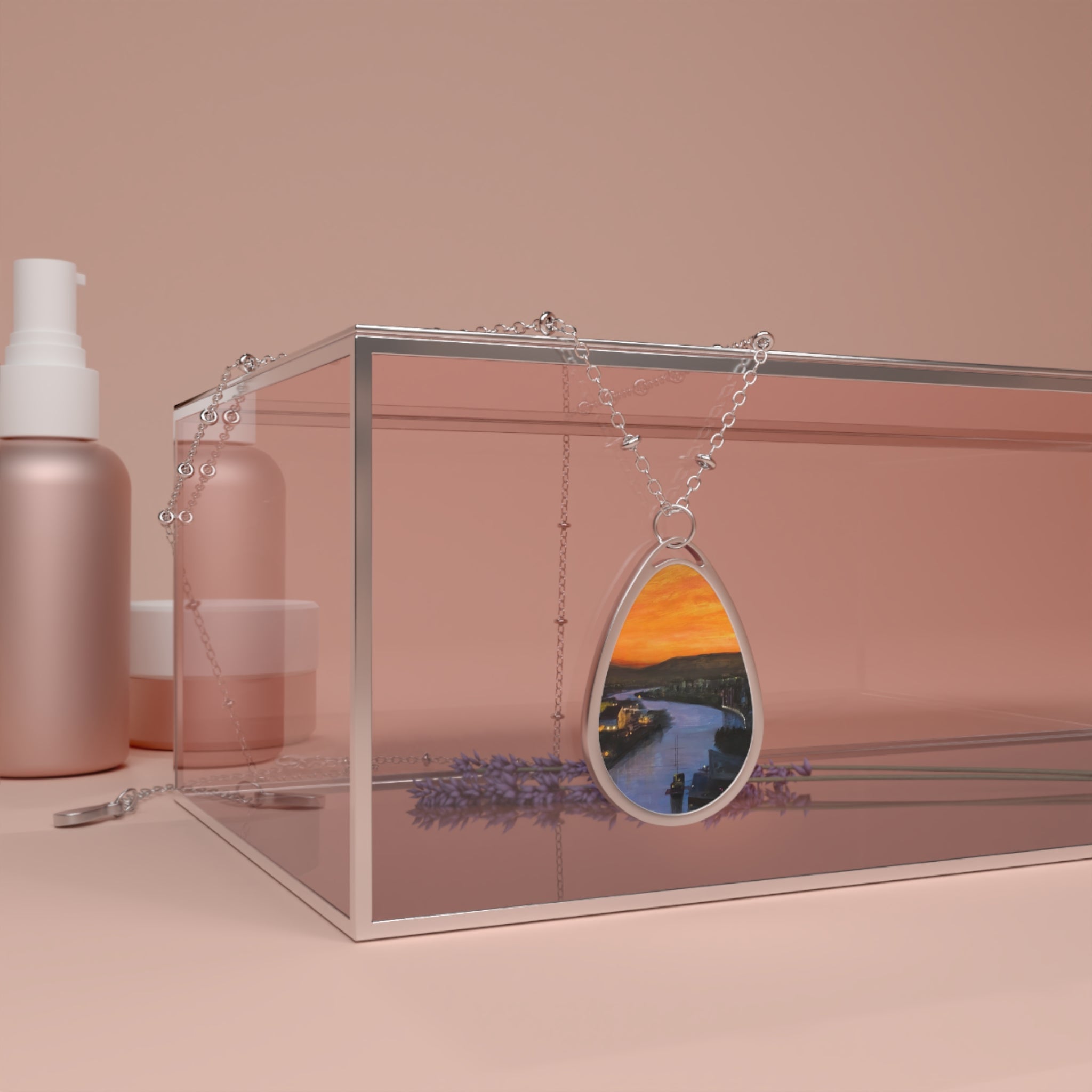 Silver teardrop pendant necklace with Glasgow Harbour sunset in resin