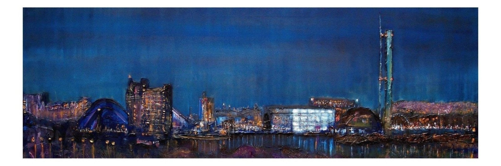 Wide panoramic painting of Glasgow skyline at night for Glasgow Harbour Panoramic Prints