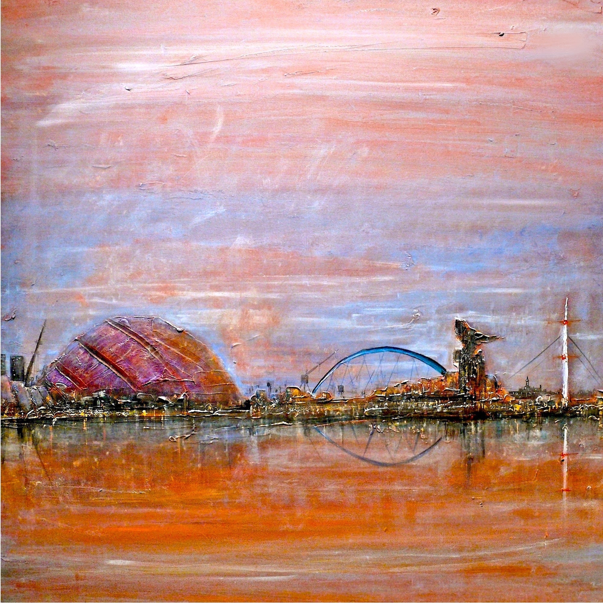 Vibrant impressionistic cityscape of Glasgow Harbour at sunset reflected in water