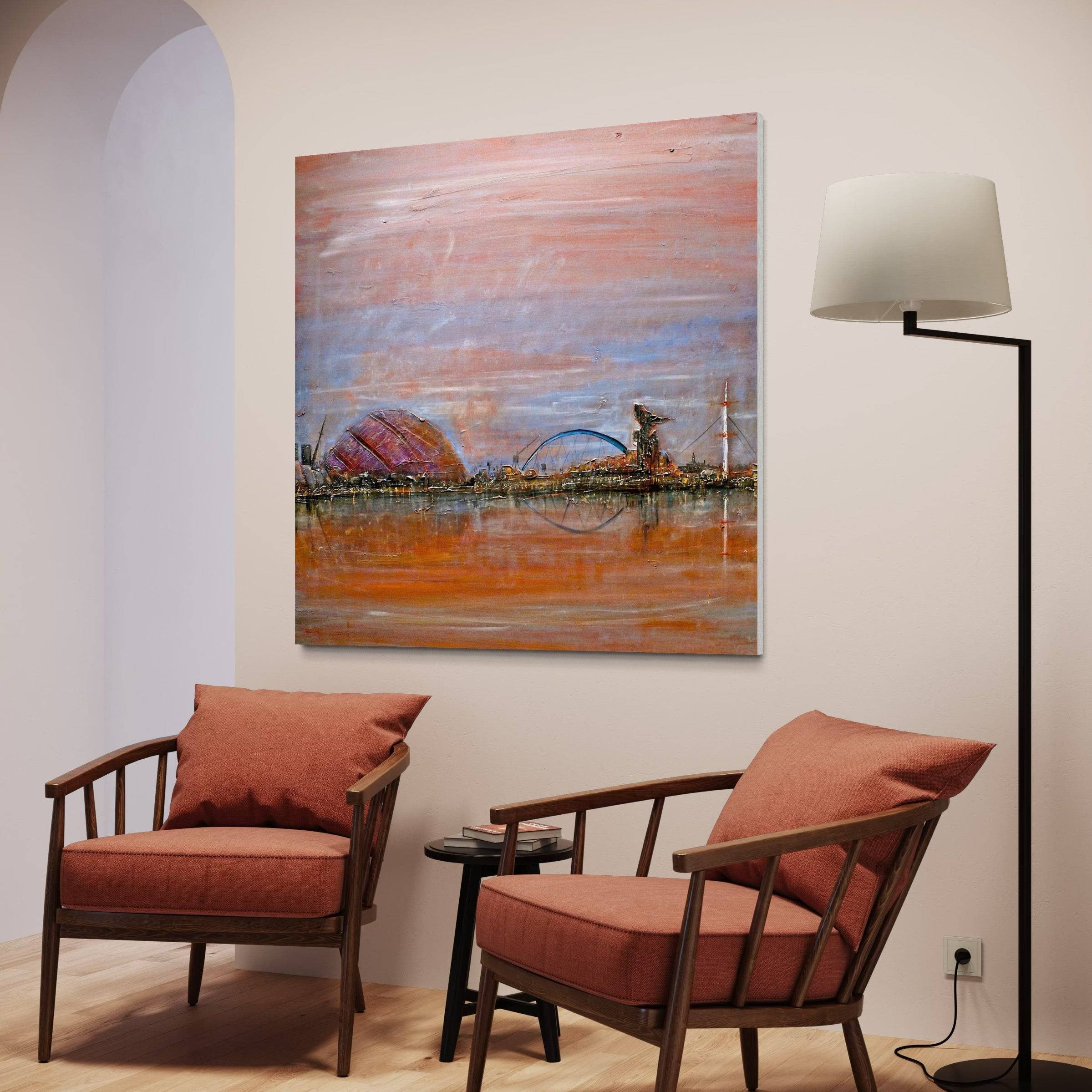 Colorful abstract cityscape painting of Glasgow Harbour for Scottish interior wall art