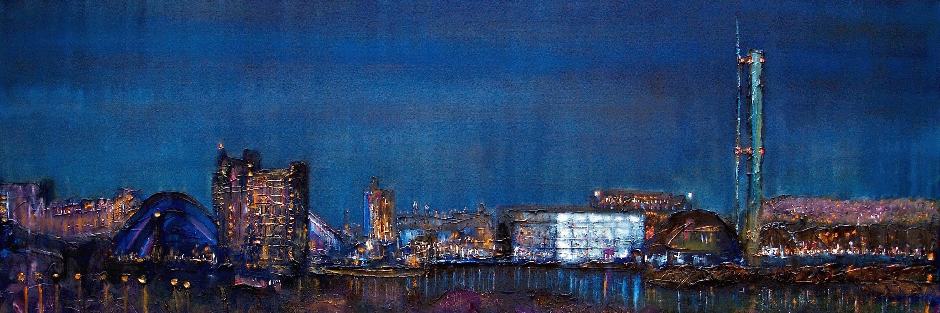Panoramic Glasgow Harbour city skyline at night with illuminated buildings and reflections