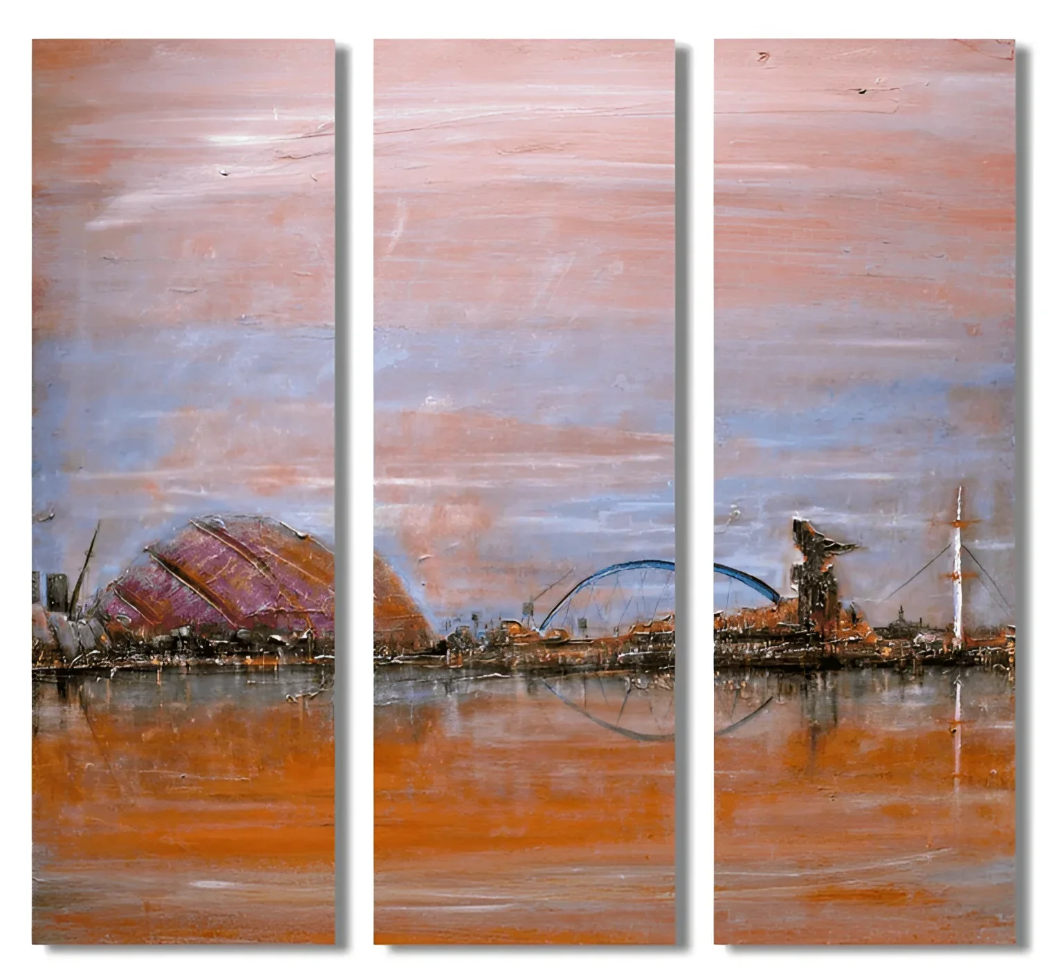 Triptych cityscape painting of Glasgow Harbour as statement interior wall art from Scotland