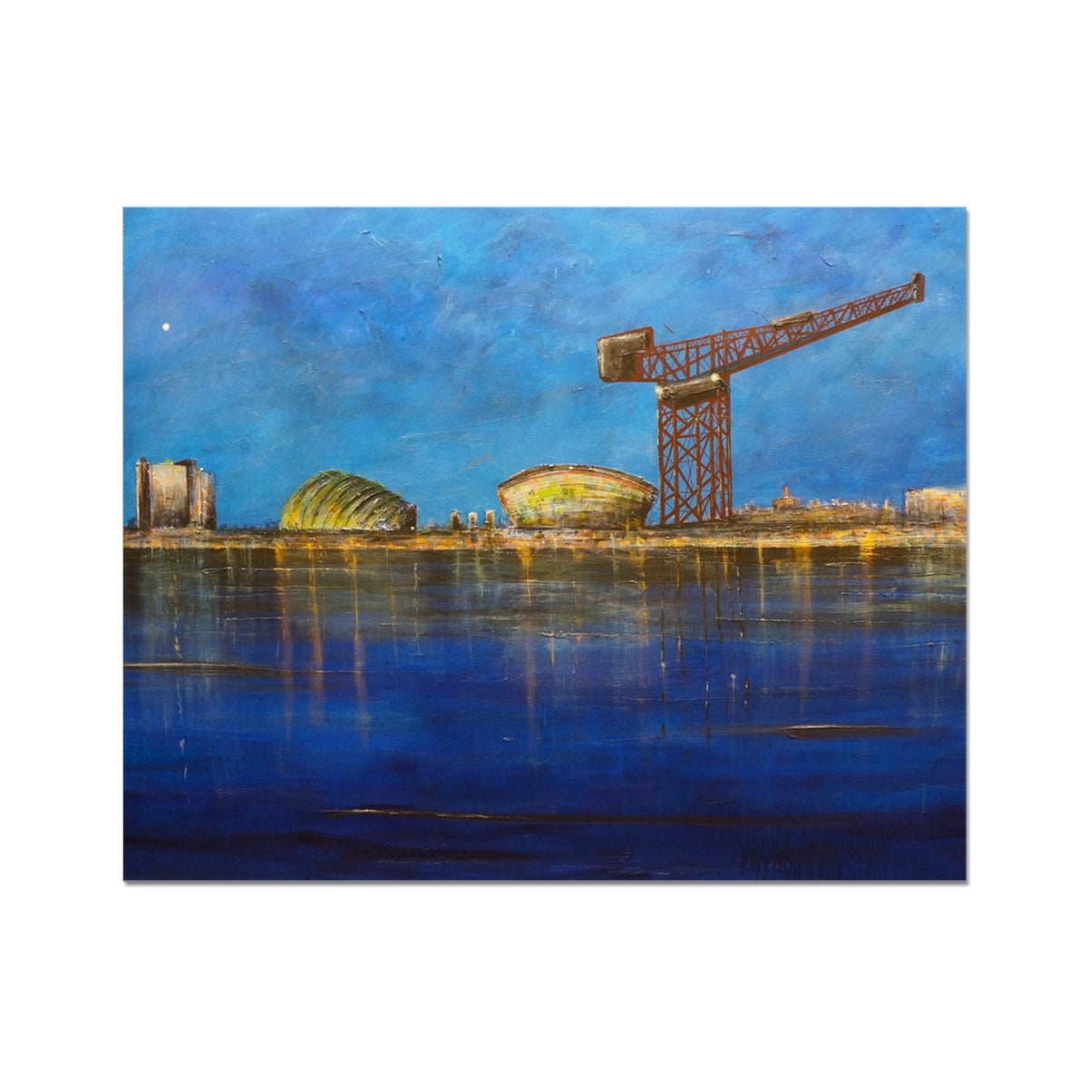 Vibrant oil painting of Glasgow waterfront at twilight, artist proof print