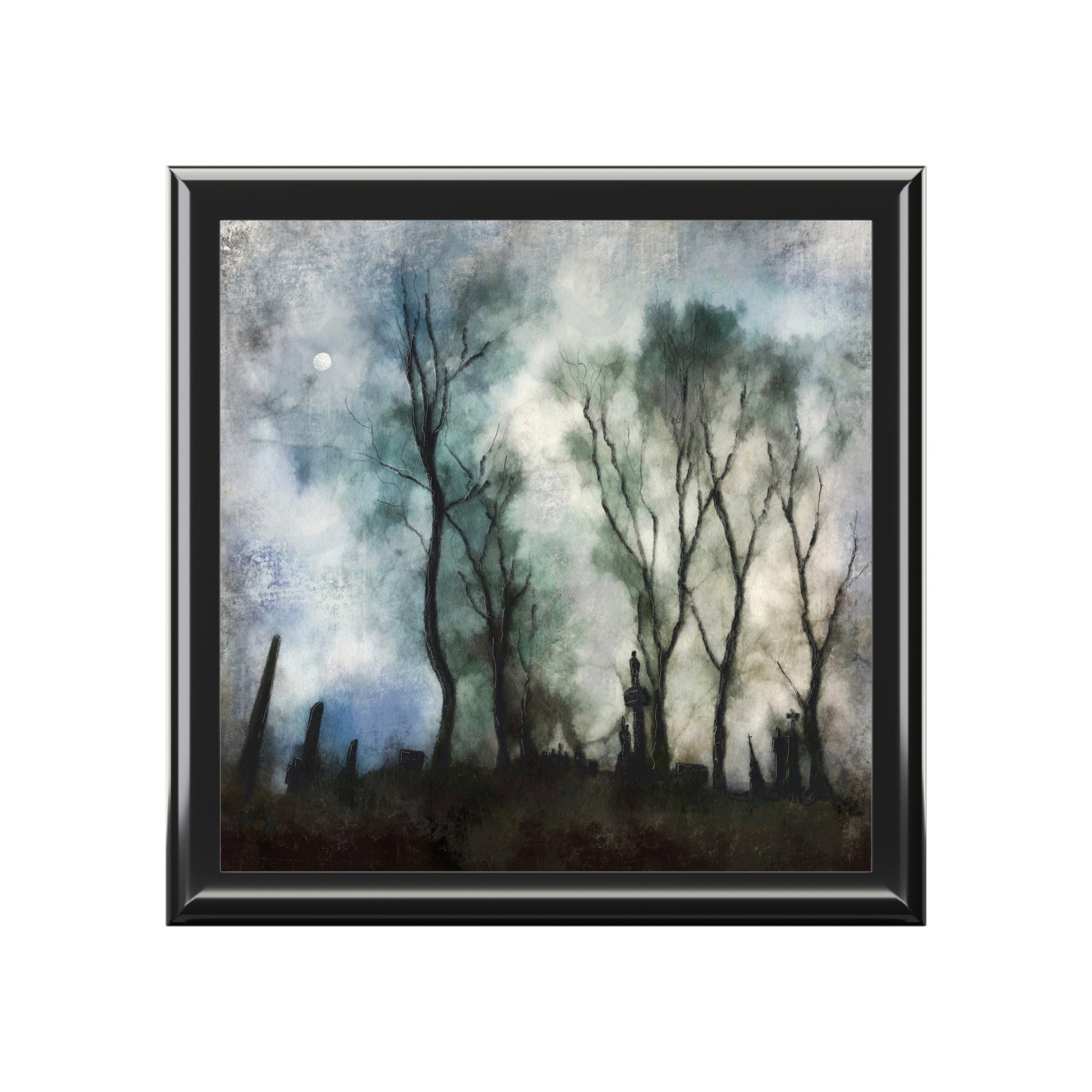 Framed painting of a dark ethereal forest with moon under moody sky in Scotland art jewellery box
