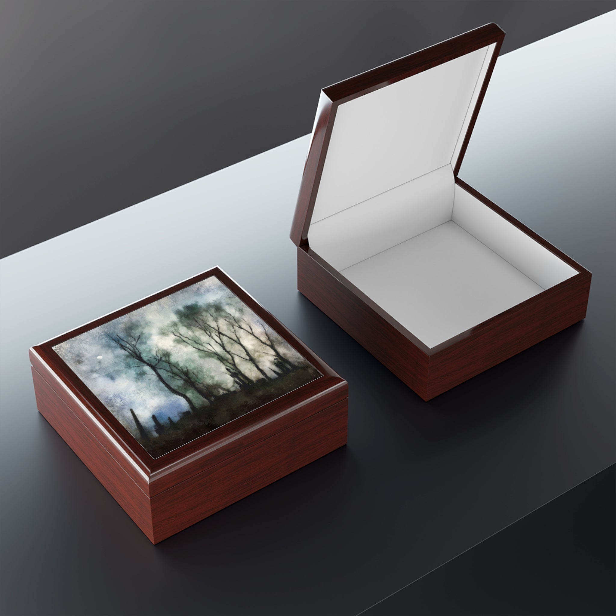 Brown wooden Glasgow Necropolis Moonight art jewellery boxes with landscape painting and white interior