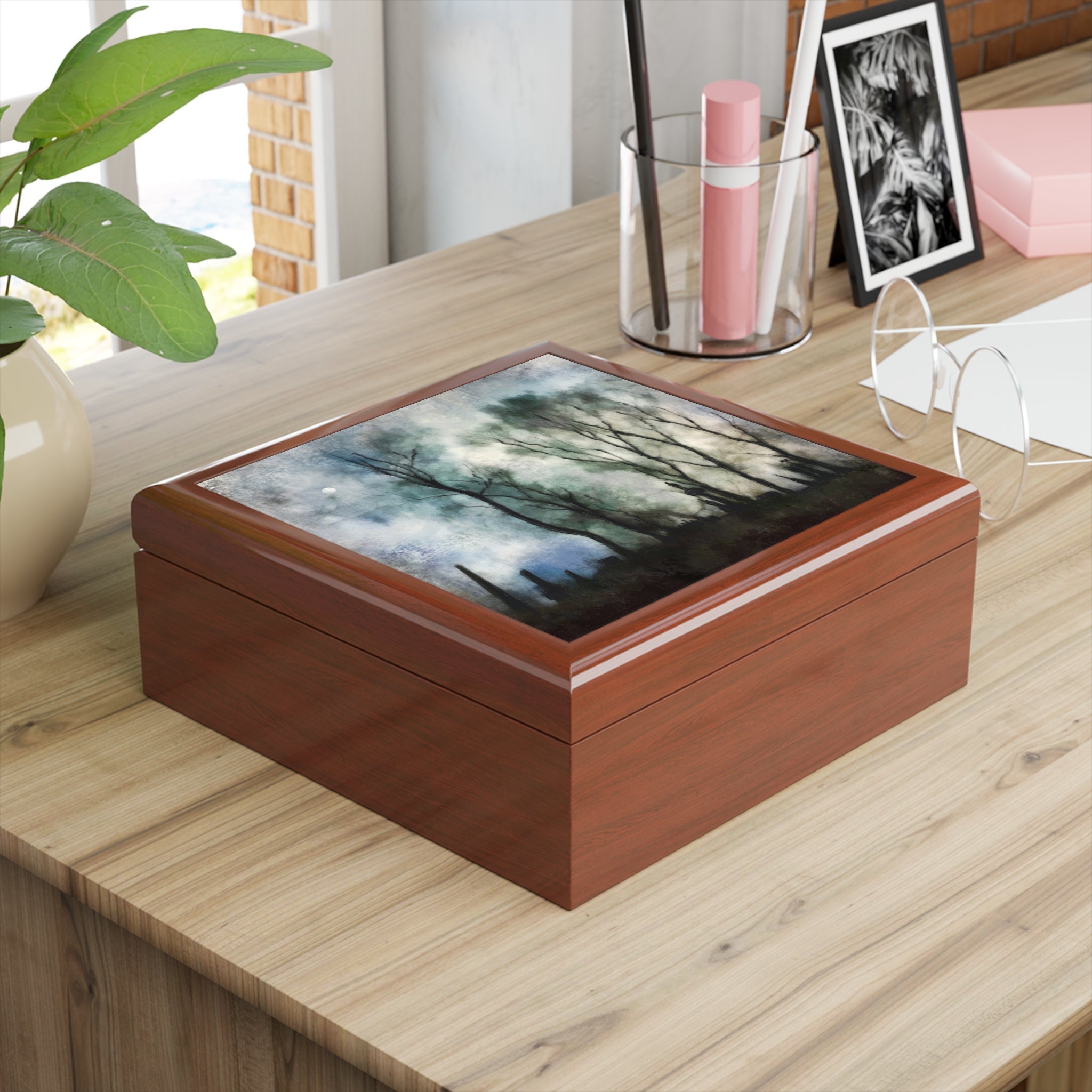 Rectangular wooden Glasgow Necropolis Moonight art jewellery box with dark forest lid