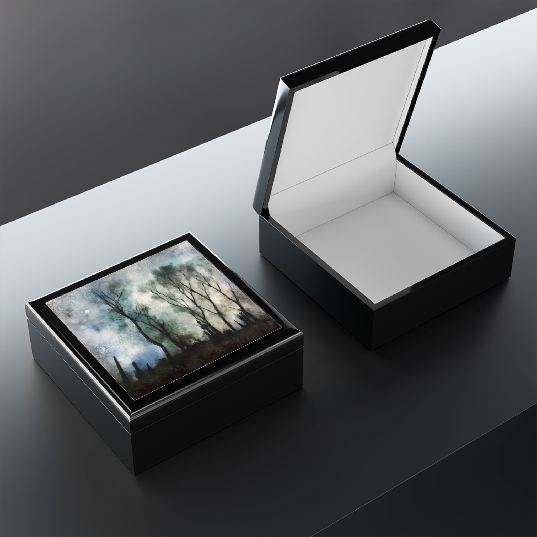 Black wooden Glasgow Necropolis Moonight art jewellery box with landscape lid and white interior