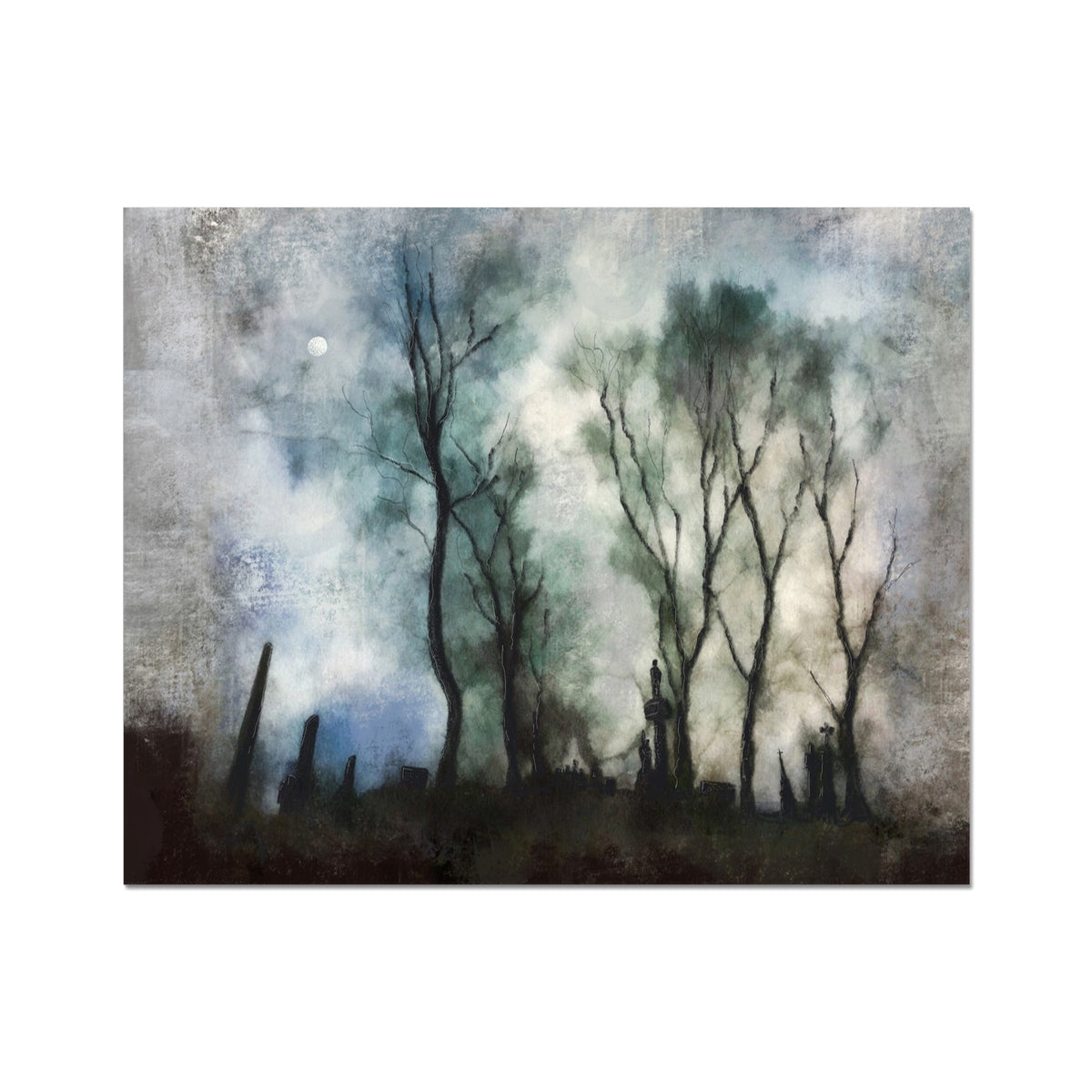 Textured painting of a misty forest with bare trees and subtle figures under a full moon in Glasgow Necropolis Moonlight Artist Proof Collector Print