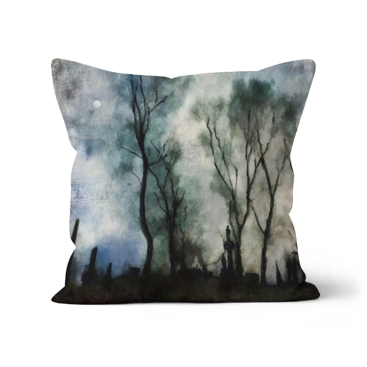 Decorative throw pillow featuring an ethereal forest scene from the Glasgow Necropolis Moonlight Cushion