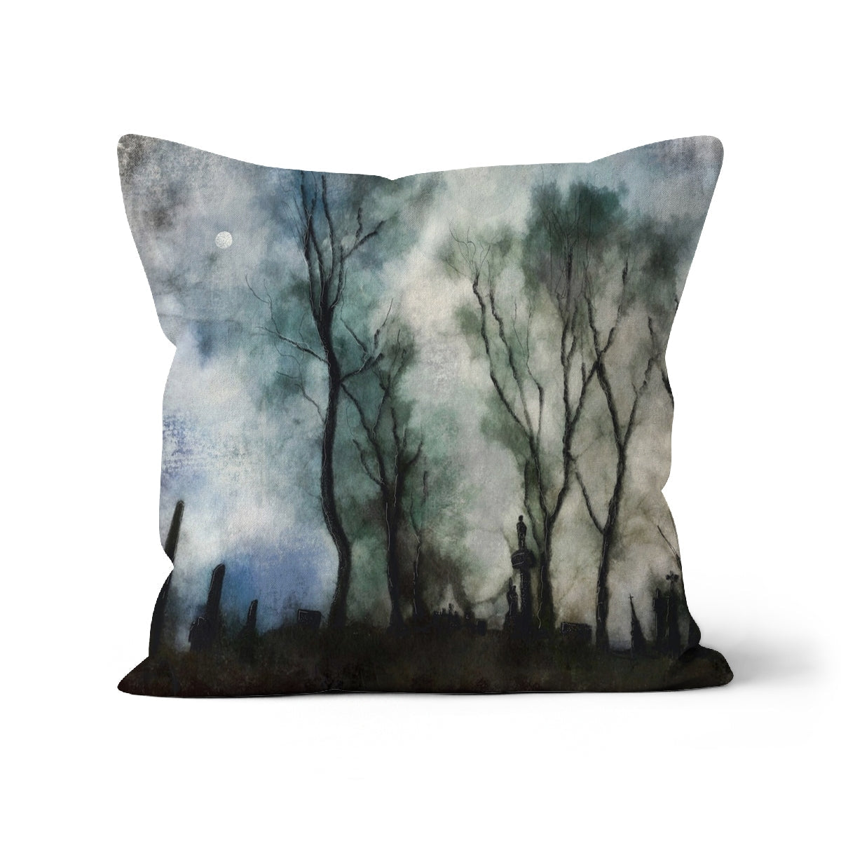 Decorative Glasgow Necropolis Moonlight Cushion with dark misty forest landscape design