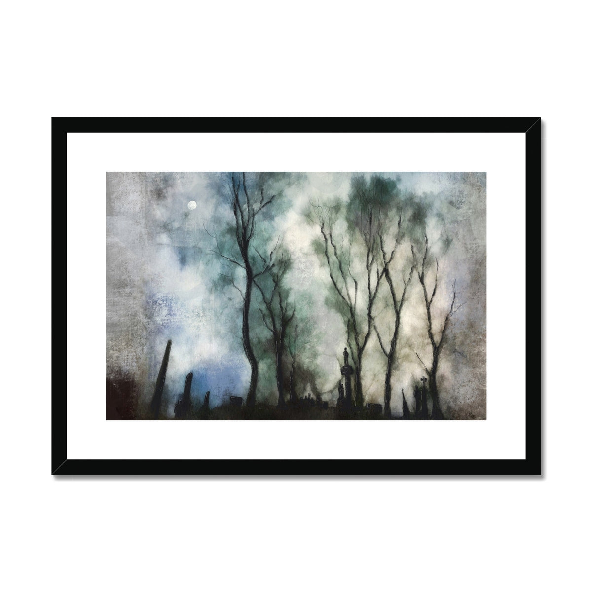 Framed abstract painting of a dark misty forest for Glasgow Necropolis Moonlight print