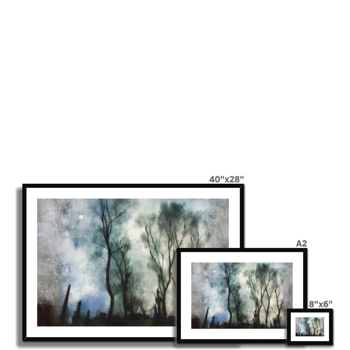 Framed art prints of a misty forest landscape from Glasgow Necropolis Moonlight collection