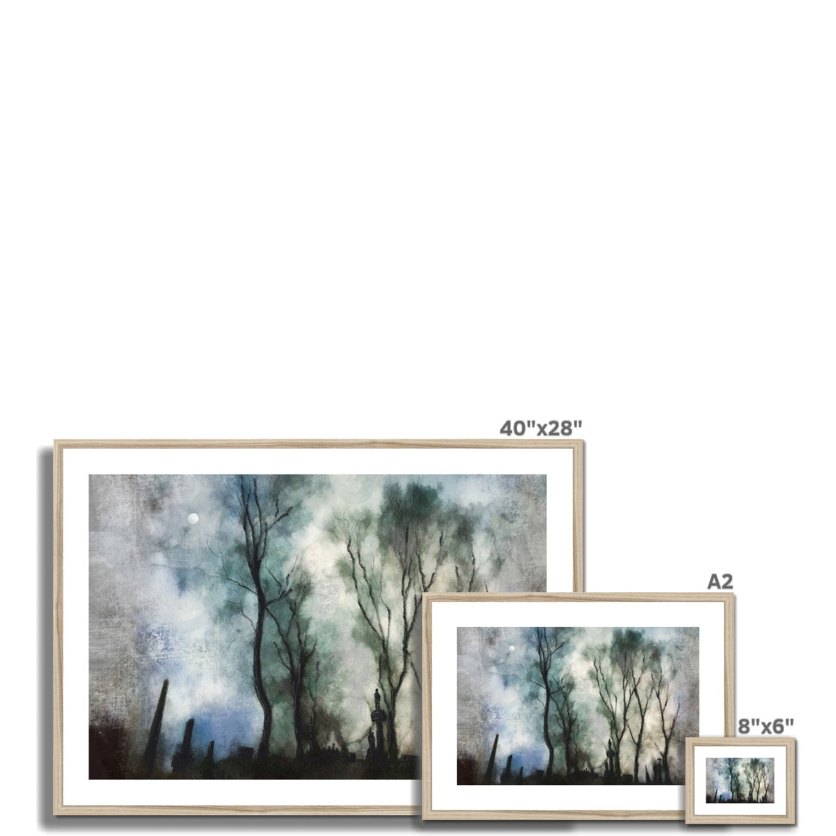 Three framed prints of a dark eerie forest painting from the Glasgow Necropolis Moonlight collection