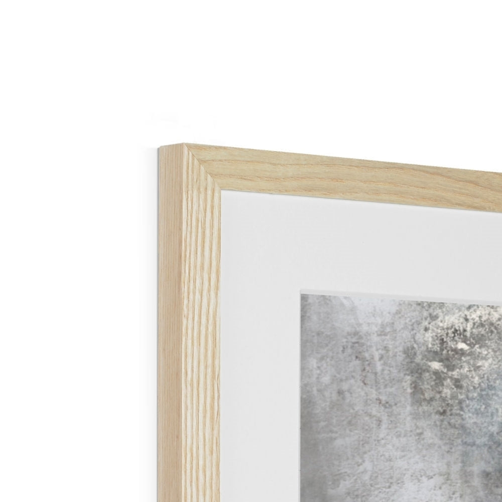 Light wood framed Glasgow Necropolis Moonlight print with white mat and grey abstract art