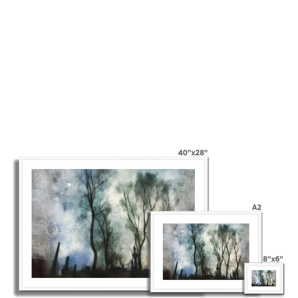 Framed print of a moody forest scene at twilight from Glasgow Necropolis Moonlight collection