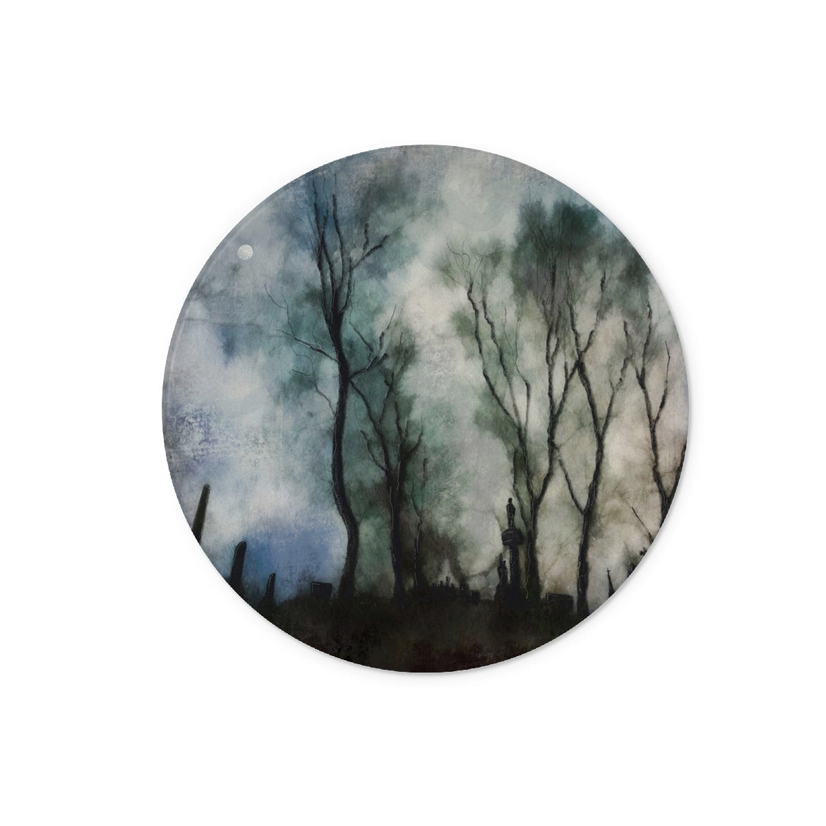 Round watercolor trees in dark silhouettes on muted blue Glasgow Necropolis moonlight chopping board