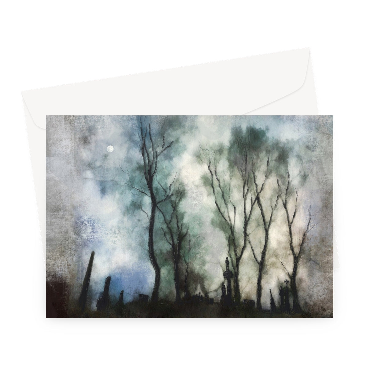 Dark ethereal painting of bare trees under a hazy sky on Glasgow Necropolis Moonlight Greeting Card