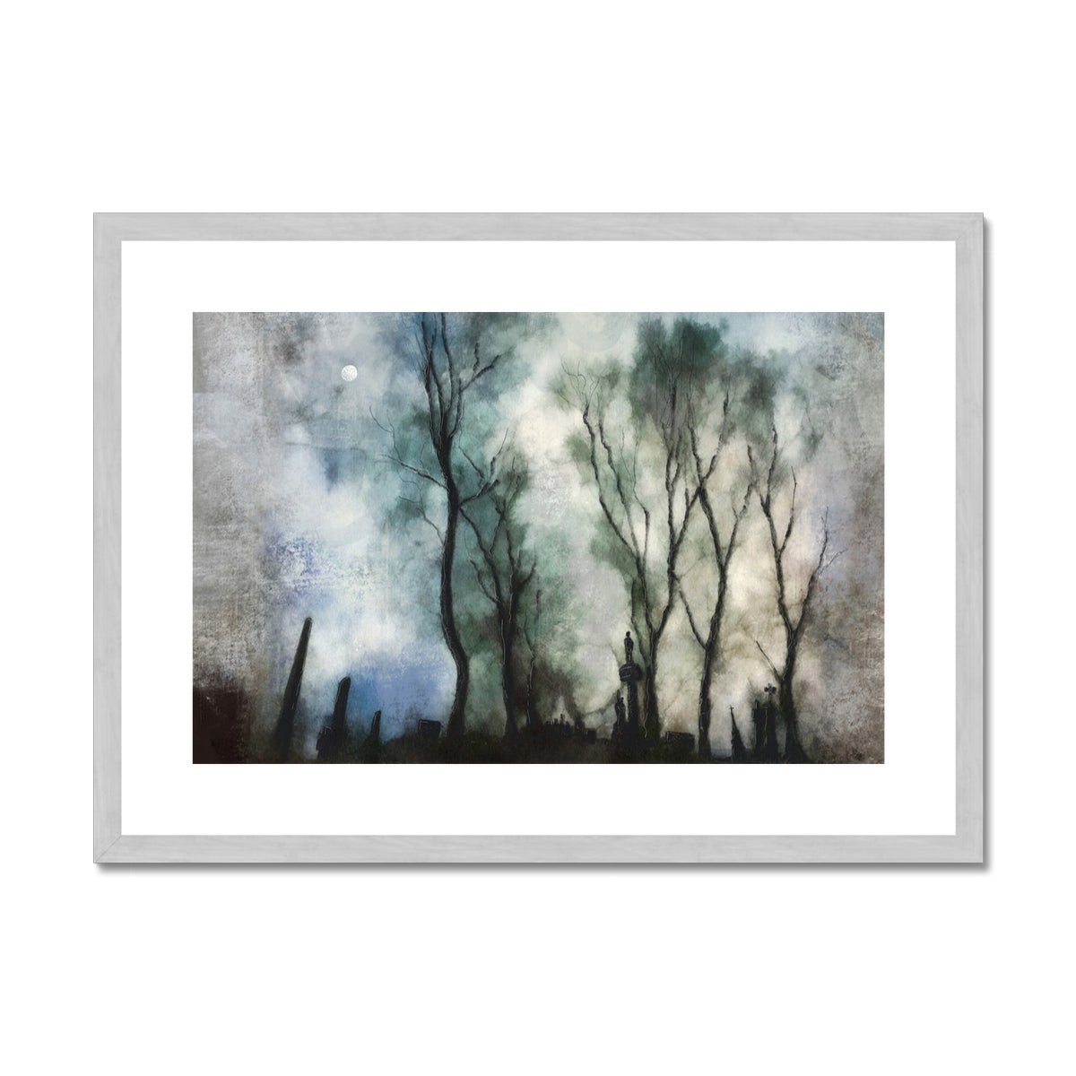 Glasgow Necropolis Moonlight Painting | Antique Framed & Mounted Prints From Scotland-Antique Framed & Mounted Prints-Edinburgh & Glasgow Art Gallery-A2 Landscape-Silver Frame-Paintings, Prints, Homeware, Art Gifts From Scotland By Scottish Artist Kevin Hunter