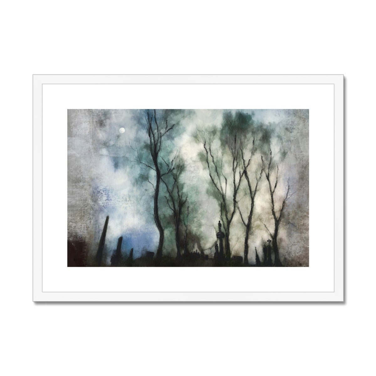 Glasgow Necropolis Moonlight Painting | Framed & Mounted Prints From Scotland-Framed & Mounted Prints-Edinburgh & Glasgow Art Gallery-A2 Landscape-White Frame-Paintings, Prints, Homeware, Art Gifts From Scotland By Scottish Artist Kevin Hunter