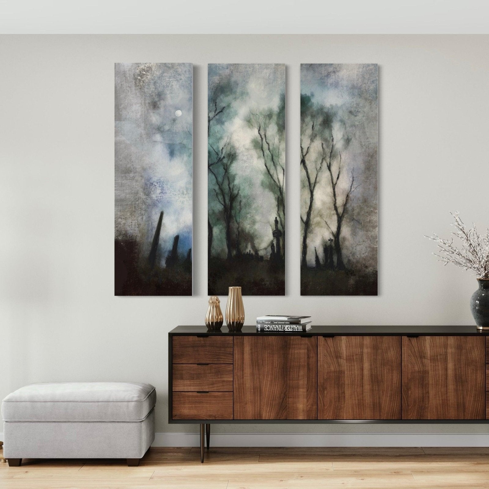 Abstract landscape paintings of a dark misty forest in the Glasgow Necropolis Moonlight Triptych