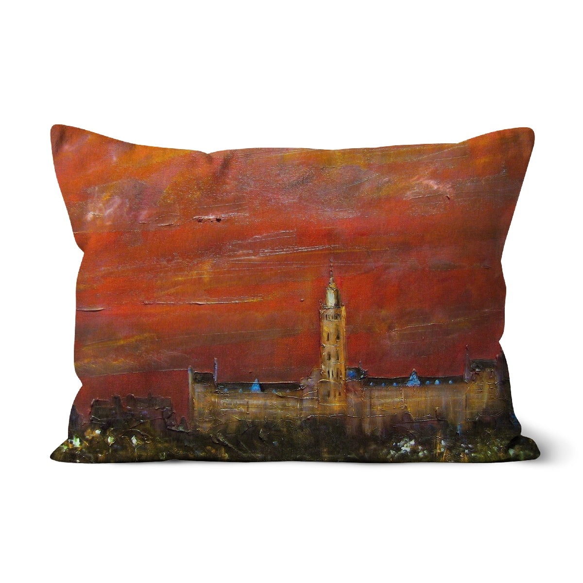 Glasgow University Dusk Art Gifts Cushion | Edinburgh &amp; Glasgow Art Gallery | Paintings, Prints, Homeware and Art Gifts From Scotland By Scottish Artist Kevin Hunter