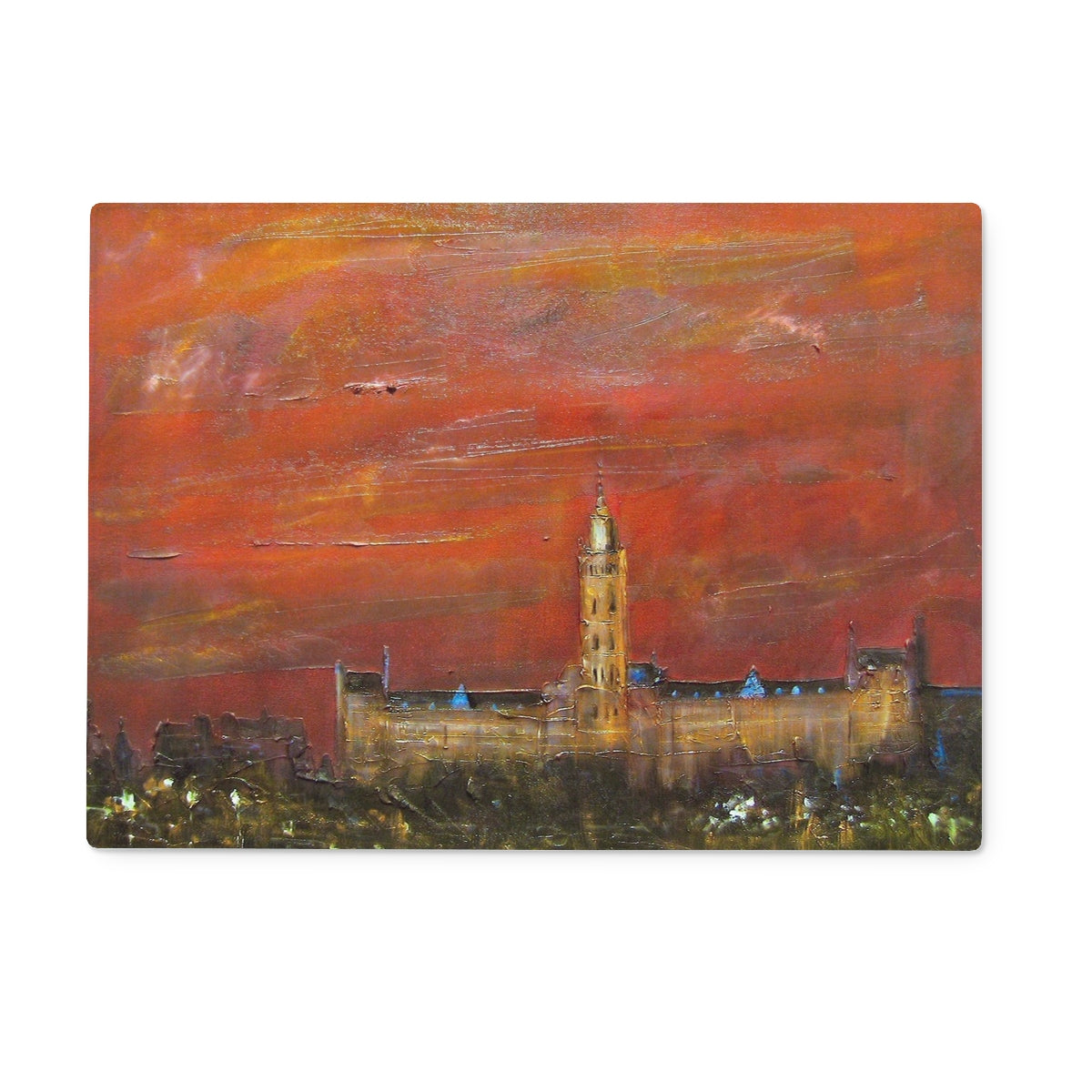 Glasgow University Dusk Art Gifts Glass Chopping Board-Glass Chopping Boards-Edinburgh & Glasgow Art Gallery-15"x11" Rectangular-Paintings, Prints, Homeware, Art Gifts From Scotland By Scottish Artist Kevin Hunter