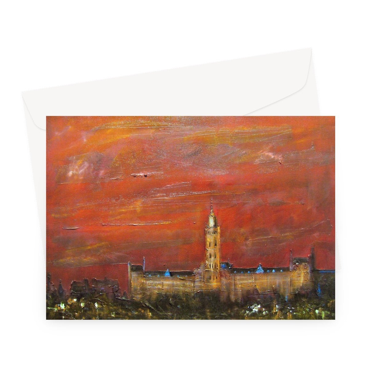 Glasgow University Dusk Art Gifts Greeting Card-Greetings Cards-Edinburgh & Glasgow Art Gallery-A5 Landscape-1 Card-Paintings, Prints, Homeware, Art Gifts From Scotland By Scottish Artist Kevin Hunter