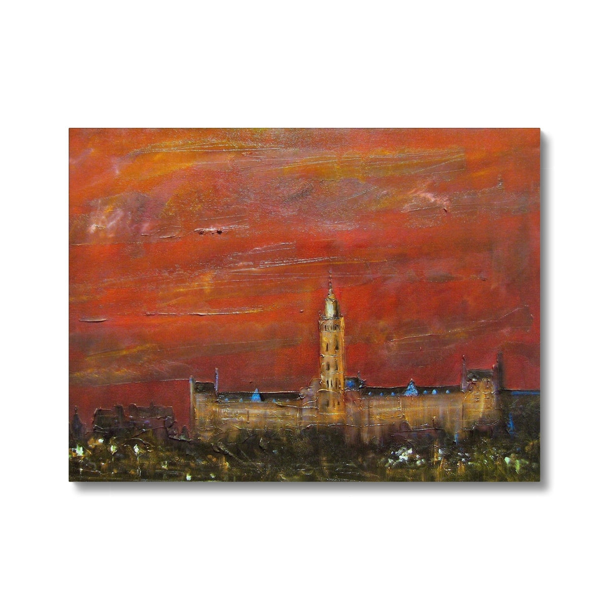 Oil painting of Glasgow cityscape with clock tower under dramatic red sky for Glasgow University Dusk Canvas