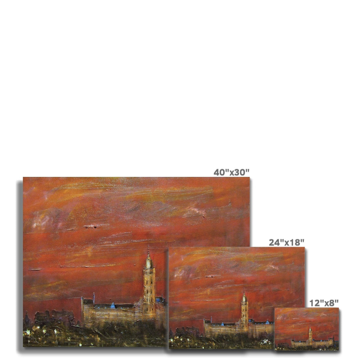 Set of three Glasgow University Dusk Canvas prints featuring cityscape artwork in different sizes