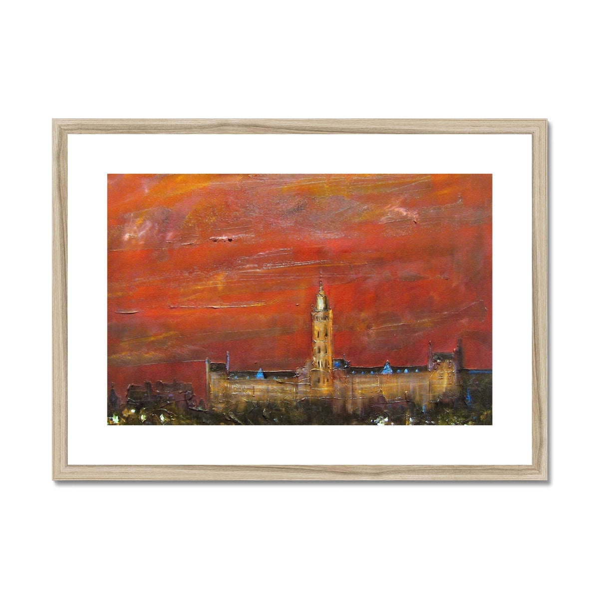 Framed print of Glasgow University with clock tower under dramatic red sky