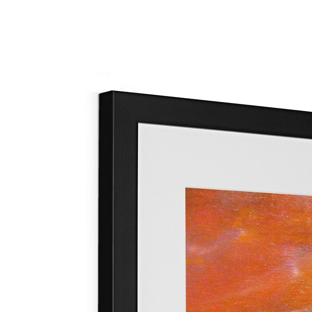 Black framed artwork with a white mat featuring an orange-red abstract painting for Glasgow University Dusk Print